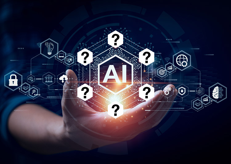 AI Symbol surrounded by floating question marks